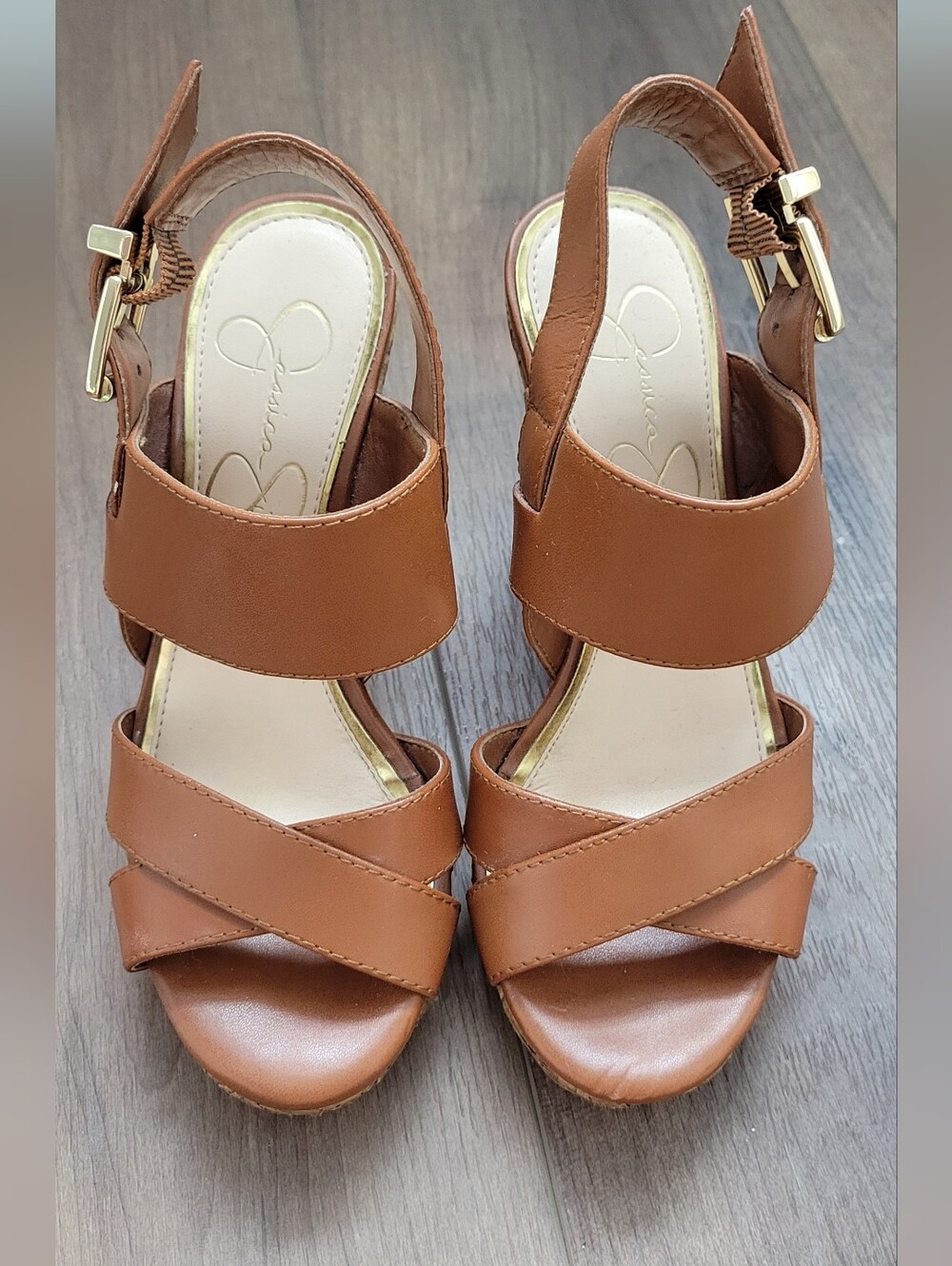 Jessica Simpson Tan Brown Leather Wedge Sandals